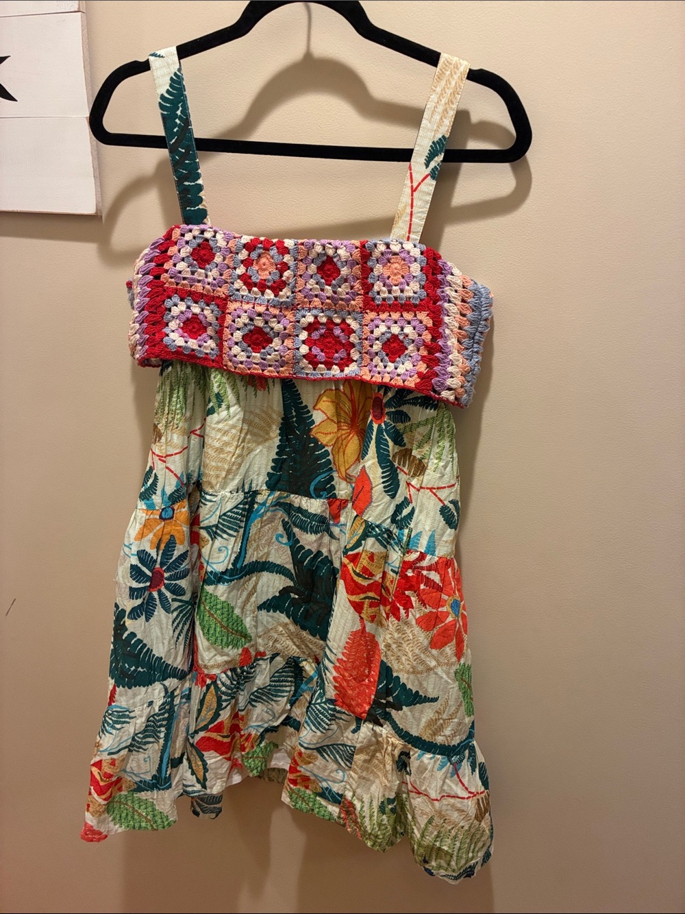 FARM Rio Cream Tropical Mini Dress with Multicolor Crochet Bodice
